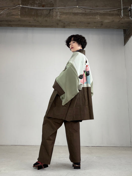 Oshima Tsumugi HAORI  and KIMONO elastic waist pants upcycled from Japanese kimono" ASB006"