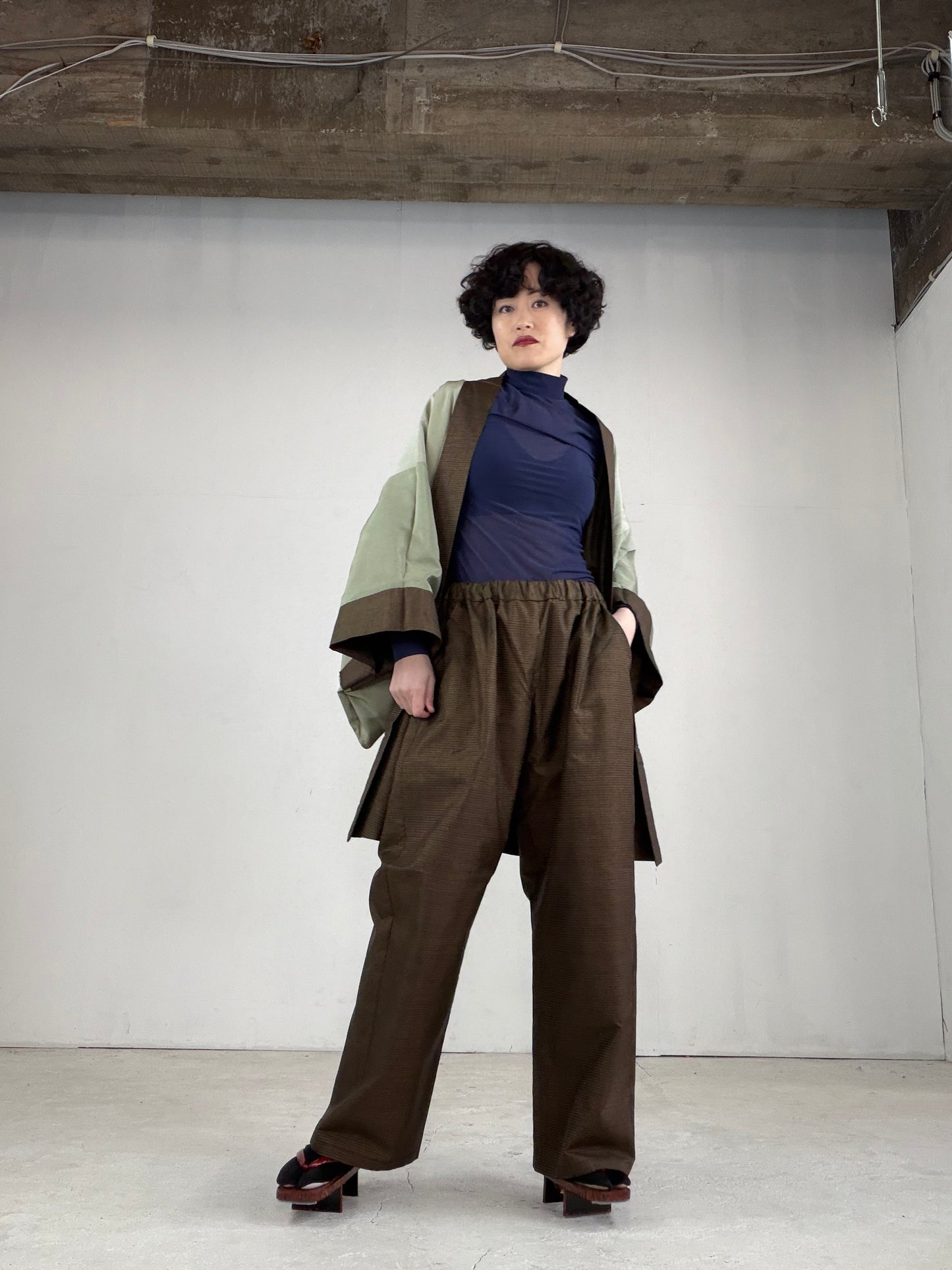 Oshima Tsumugi HAORI  and KIMONO elastic waist pants upcycled from Japanese kimono" ASB006"