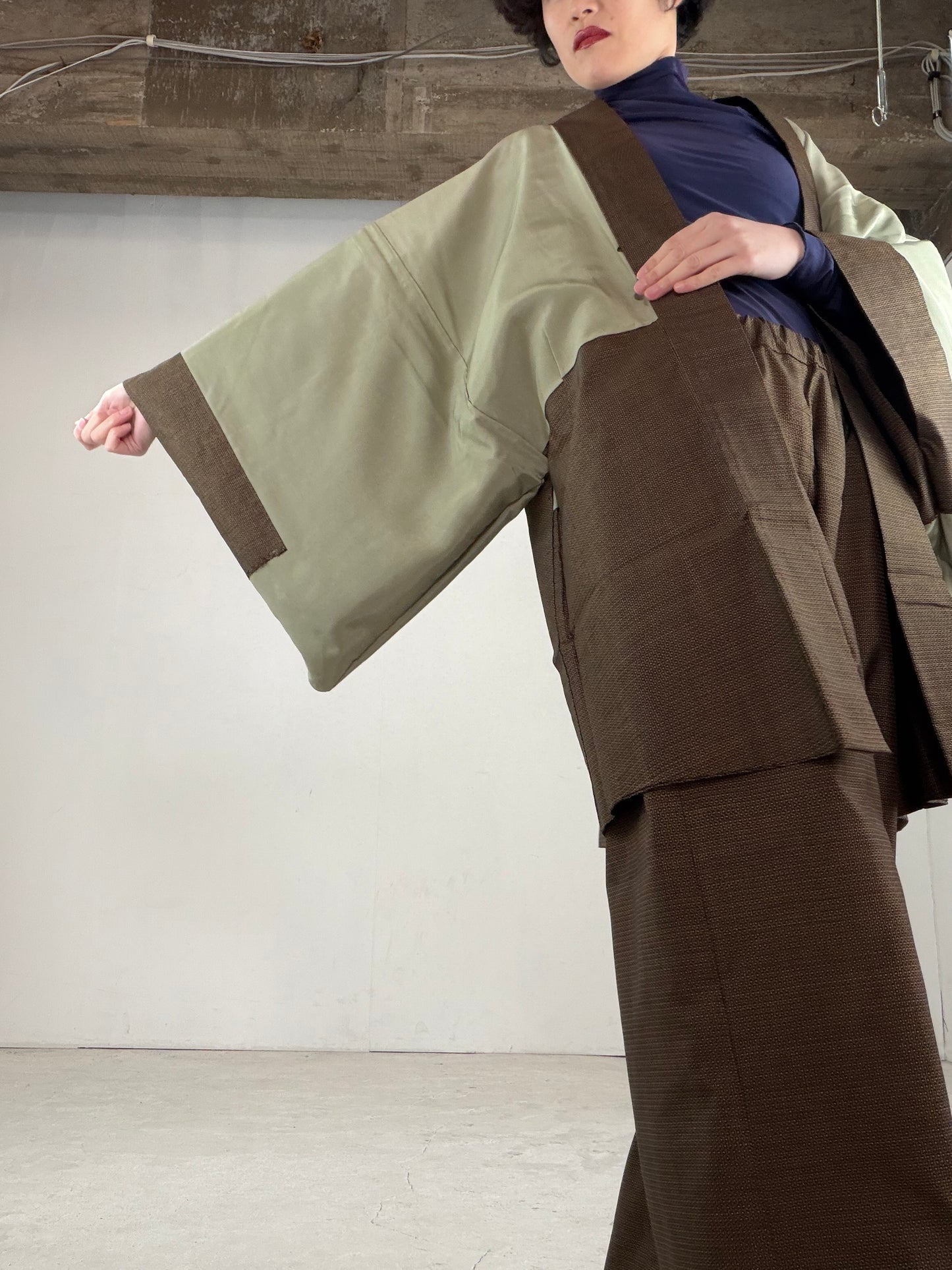 Oshima Tsumugi HAORI  and KIMONO elastic waist pants upcycled from Japanese kimono" ASB006"