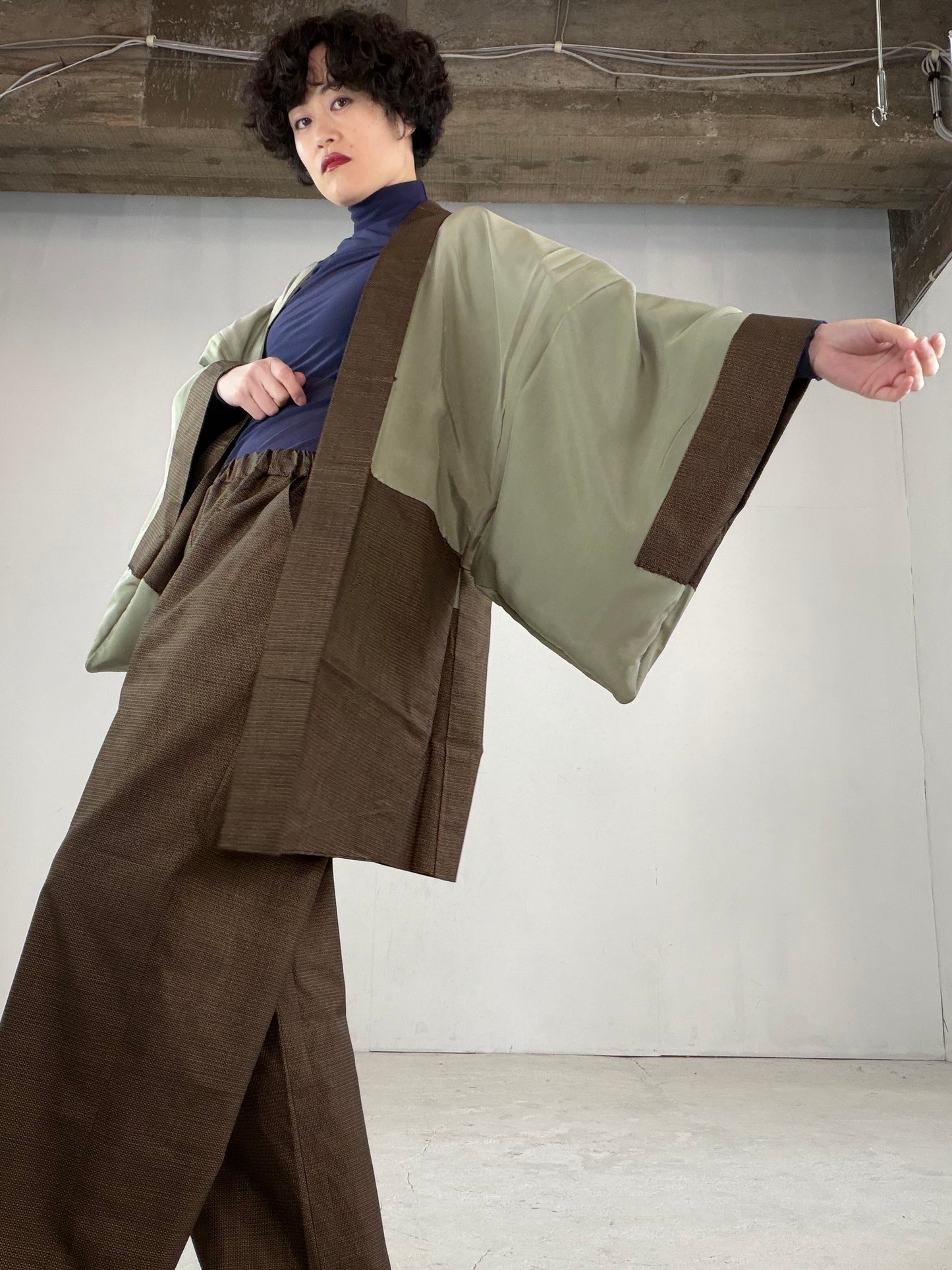 Oshima Tsumugi HAORI  and KIMONO elastic waist pants upcycled from Japanese kimono" ASB006"