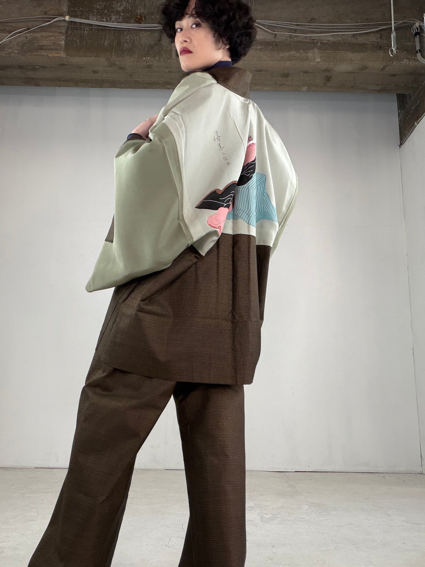 Oshima Tsumugi HAORI  and KIMONO elastic waist pants upcycled from Japanese kimono" ASB006"