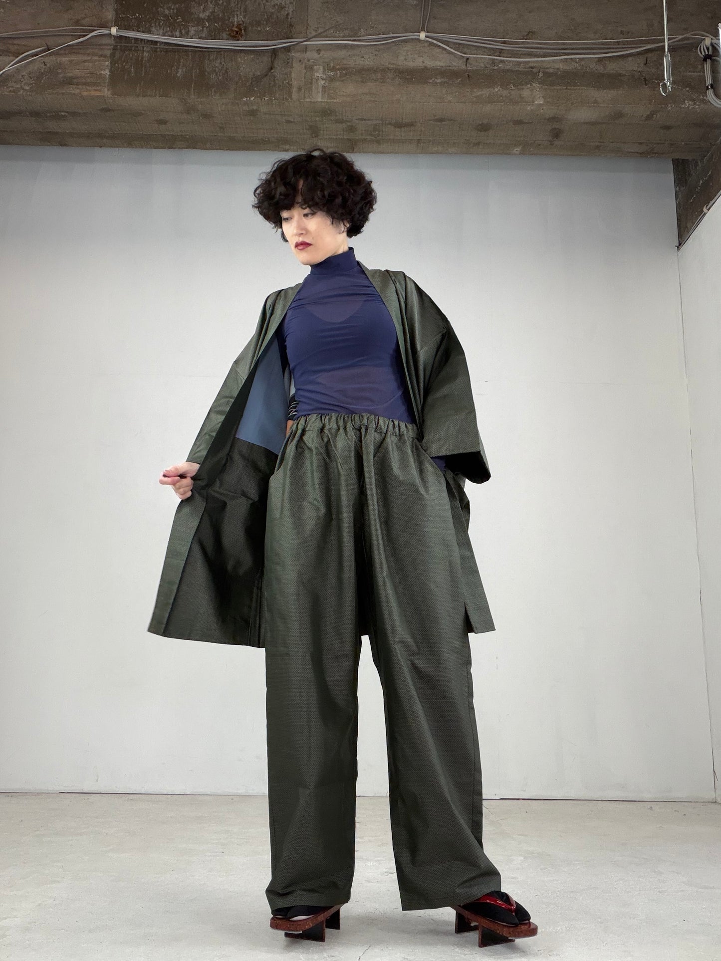 Oshima Tsumugi HAORI  and KIMONO elastic waist pants upcycled from Japanese kimono"ASB005"