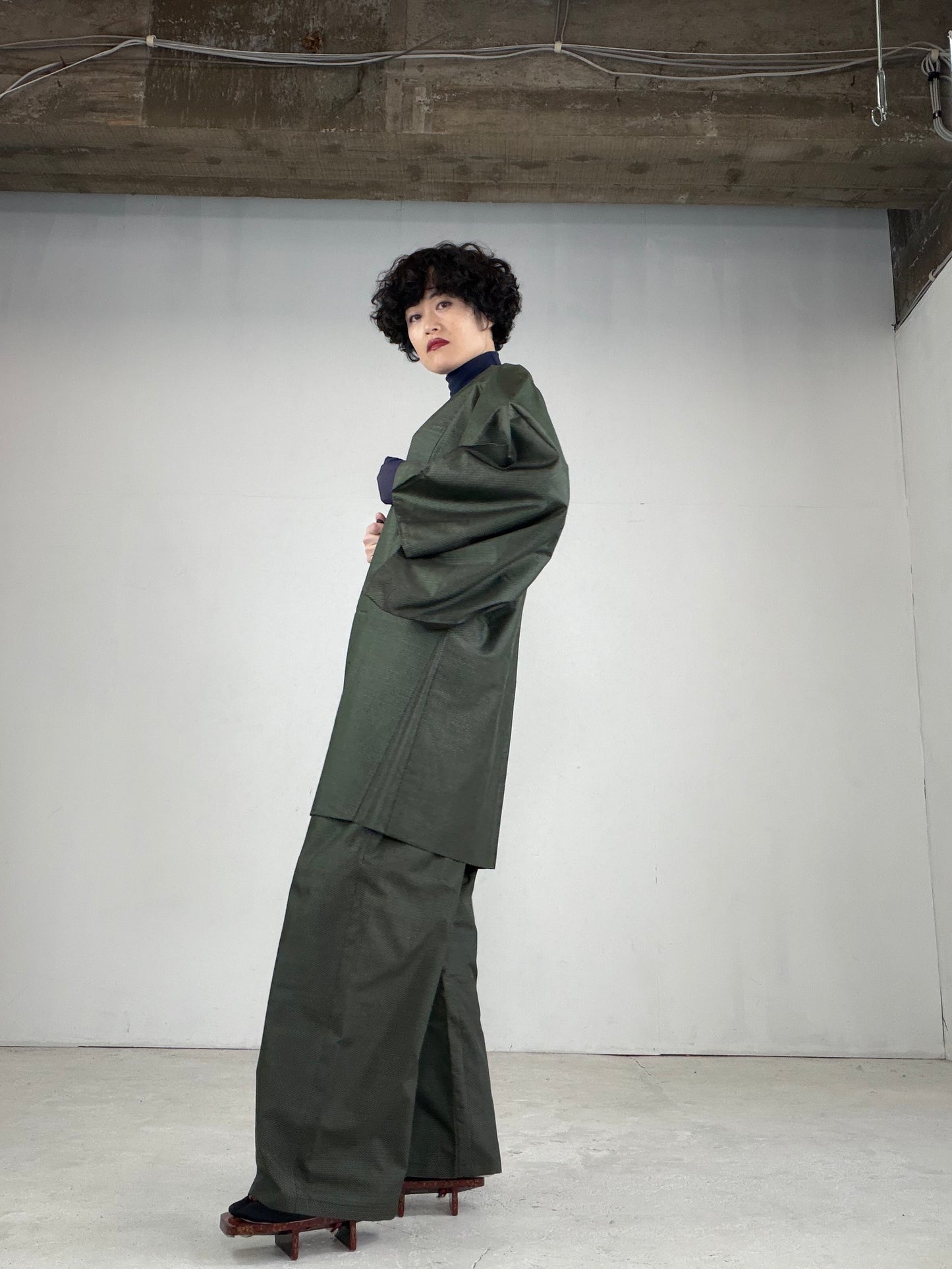 Oshima Tsumugi HAORI  and KIMONO elastic waist pants upcycled from Japanese kimono"ASB005"