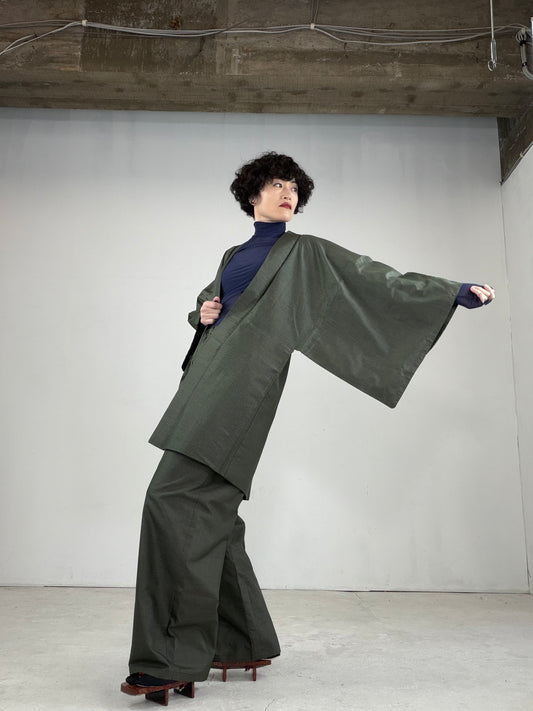 Oshima Tsumugi HAORI  and KIMONO elastic waist pants upcycled from Japanese kimono"ASB005"