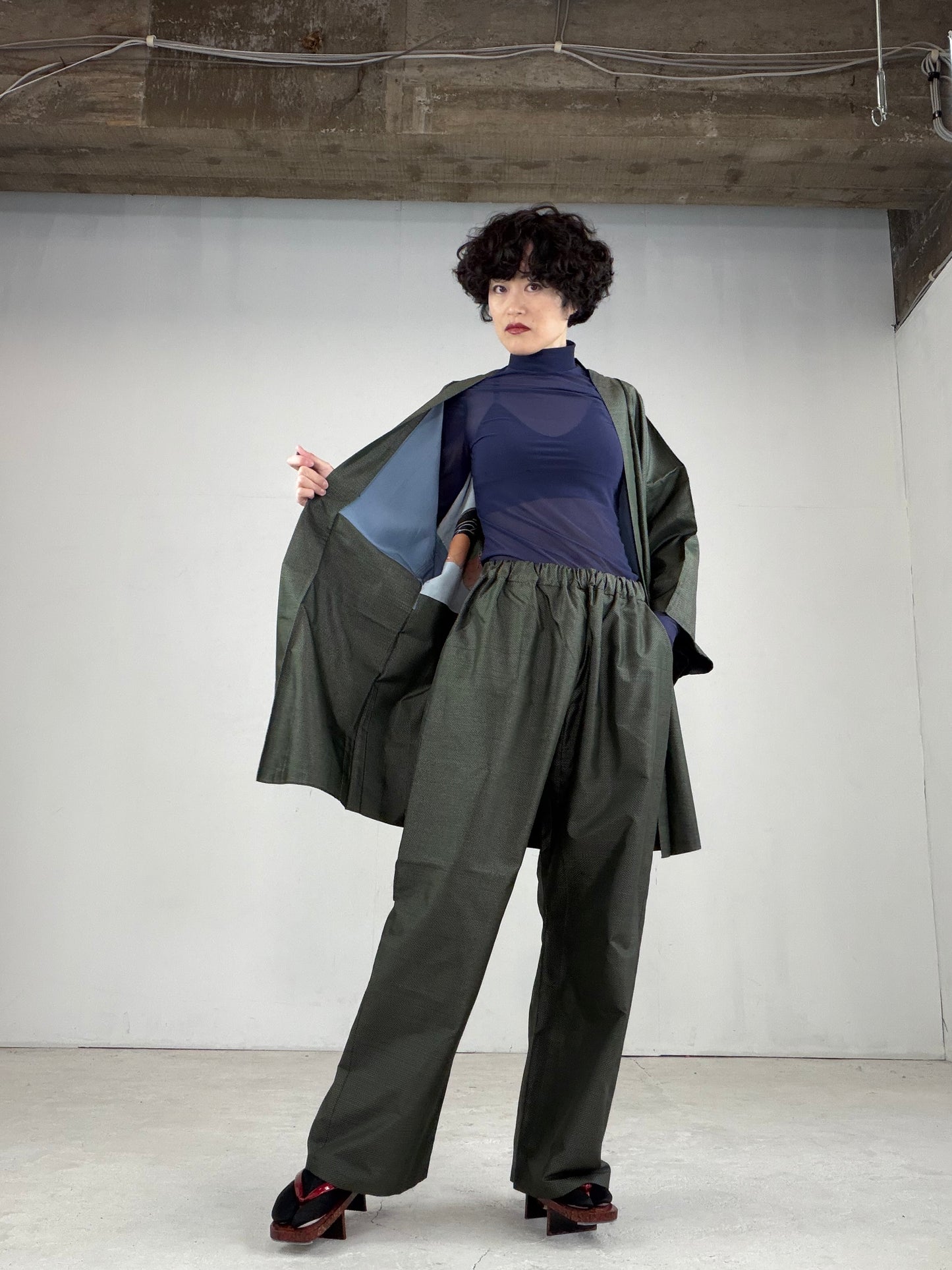 Oshima Tsumugi HAORI  and KIMONO elastic waist pants upcycled from Japanese kimono"ASB005"