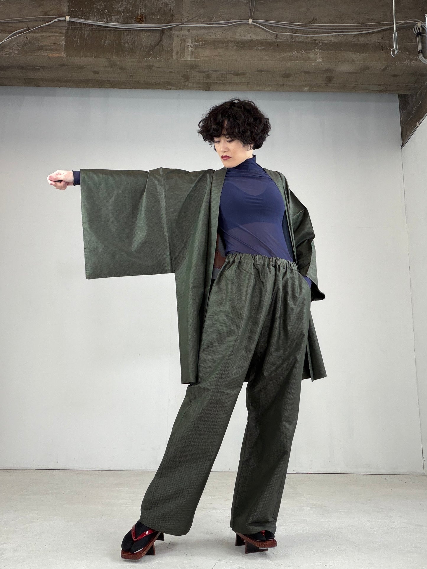 Oshima Tsumugi HAORI  and KIMONO elastic waist pants upcycled from Japanese kimono"ASB005"