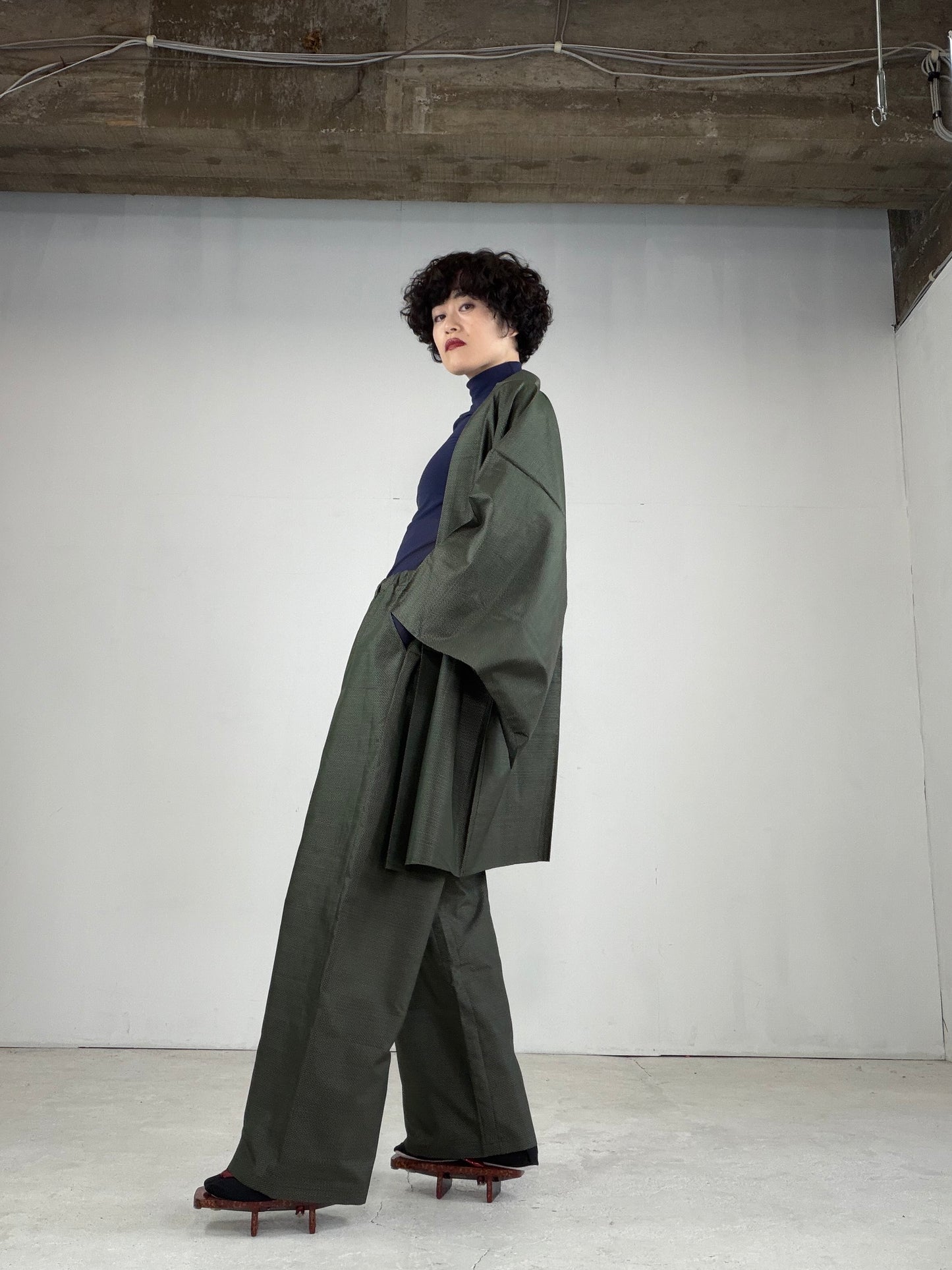 Oshima Tsumugi HAORI  and KIMONO elastic waist pants upcycled from Japanese kimono"ASB005"