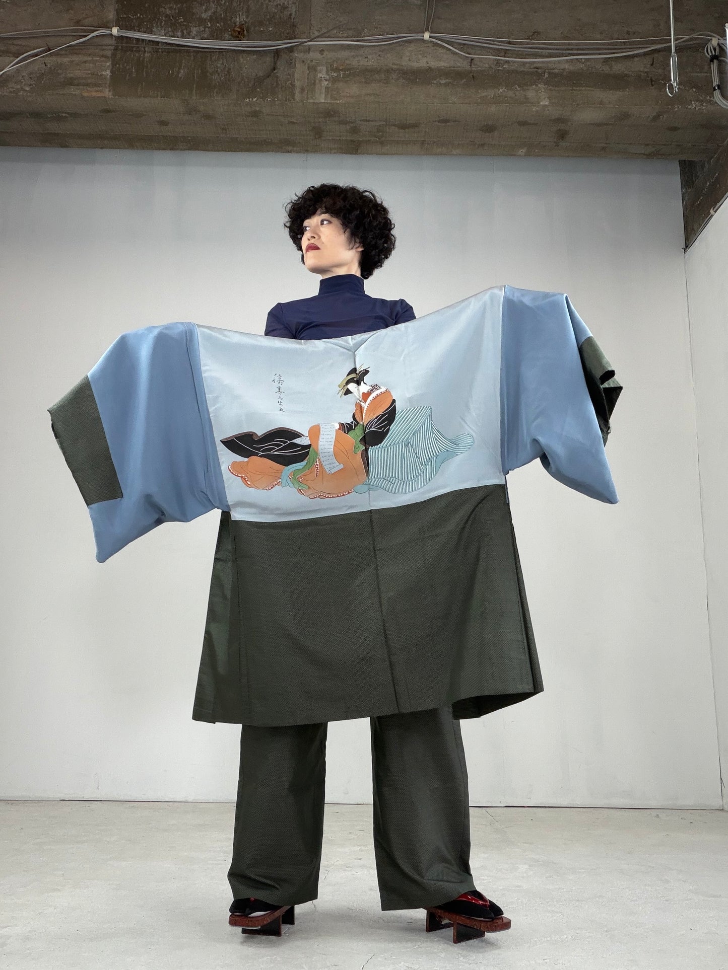 Oshima Tsumugi HAORI  and KIMONO elastic waist pants upcycled from Japanese kimono"ASB005"