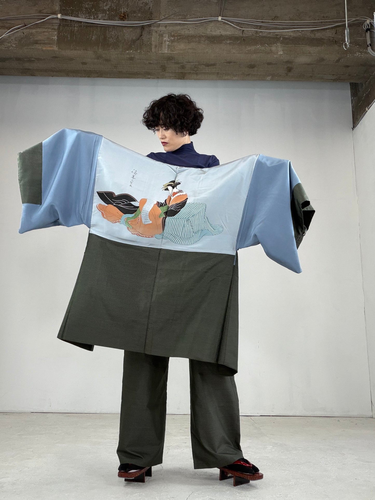 Oshima Tsumugi HAORI  and KIMONO elastic waist pants upcycled from Japanese kimono"ASB005"