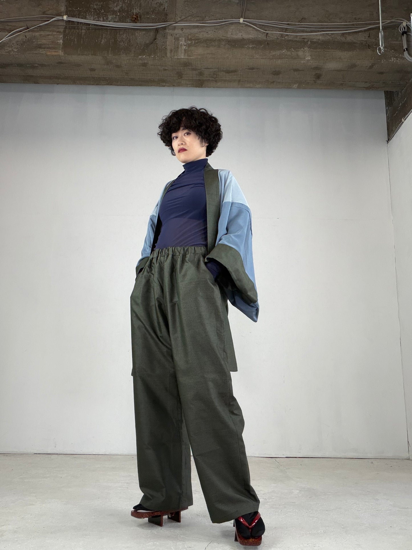 Oshima Tsumugi HAORI  and KIMONO elastic waist pants upcycled from Japanese kimono"ASB005"