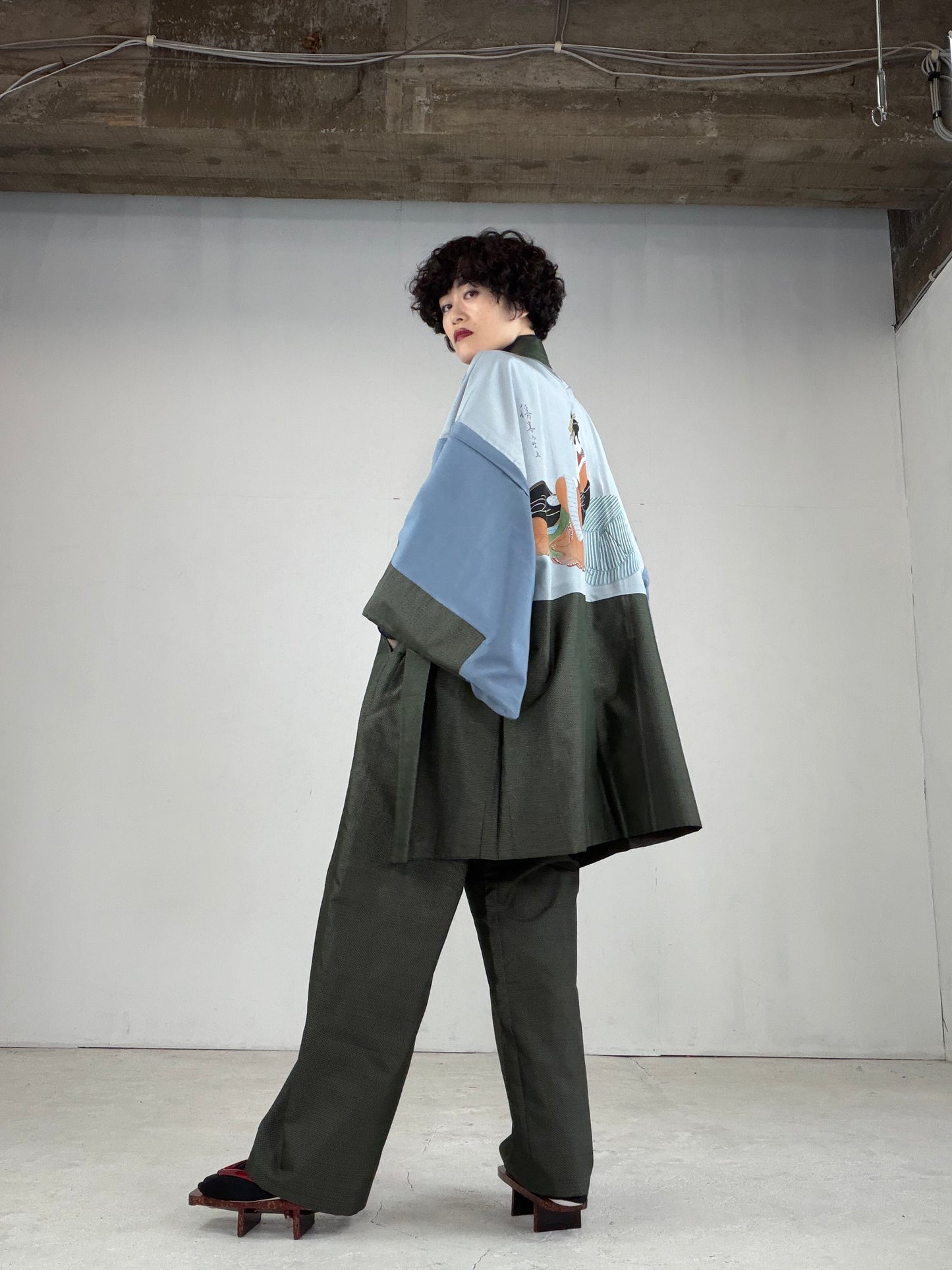 Oshima Tsumugi HAORI  and KIMONO elastic waist pants upcycled from Japanese kimono"ASB005"