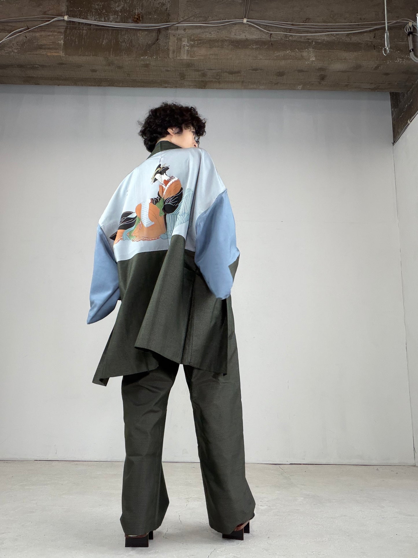 Oshima Tsumugi HAORI  and KIMONO elastic waist pants upcycled from Japanese kimono"ASB005"