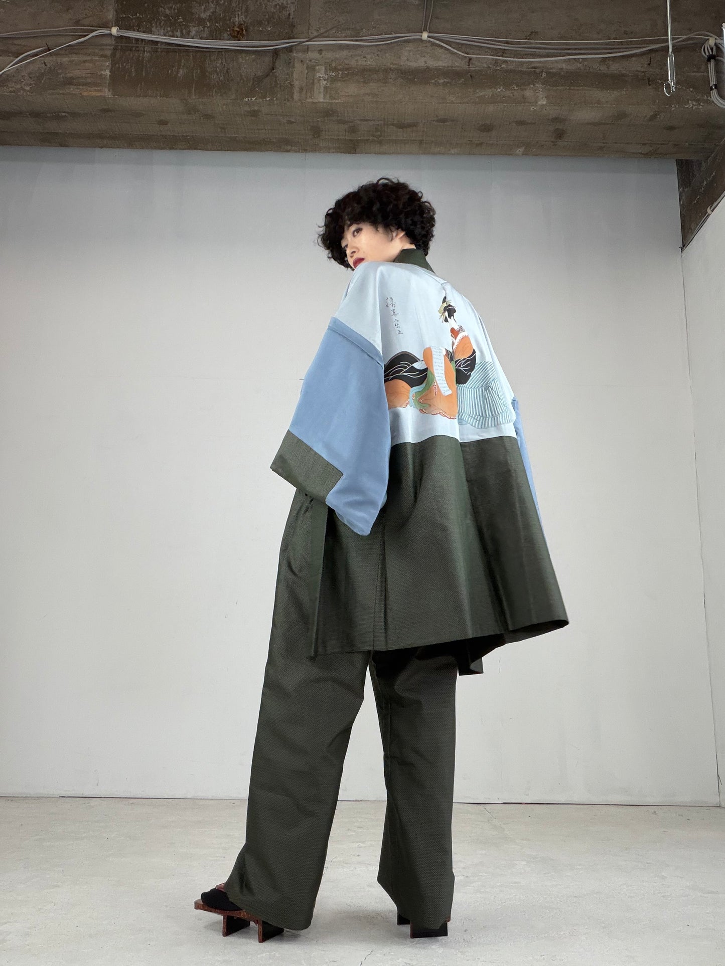 Oshima Tsumugi HAORI  and KIMONO elastic waist pants upcycled from Japanese kimono"ASB005"