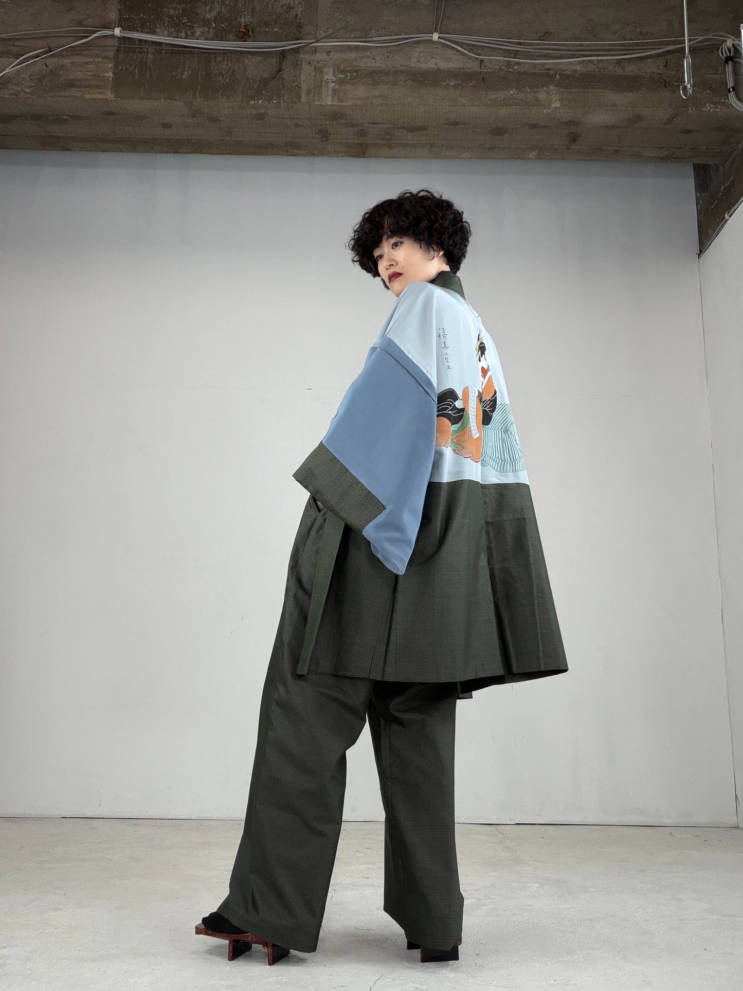 Oshima Tsumugi HAORI  and KIMONO elastic waist pants upcycled from Japanese kimono"ASB005"