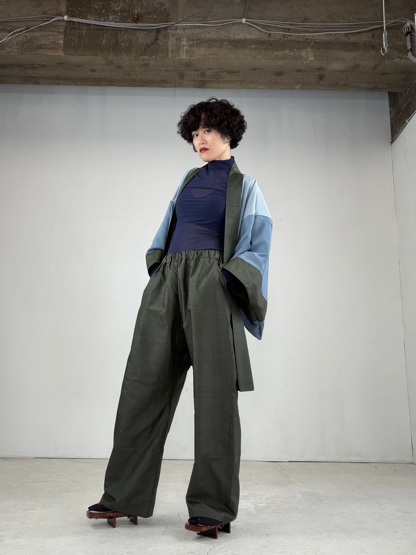 Oshima Tsumugi HAORI  and KIMONO elastic waist pants upcycled from Japanese kimono"ASB005"