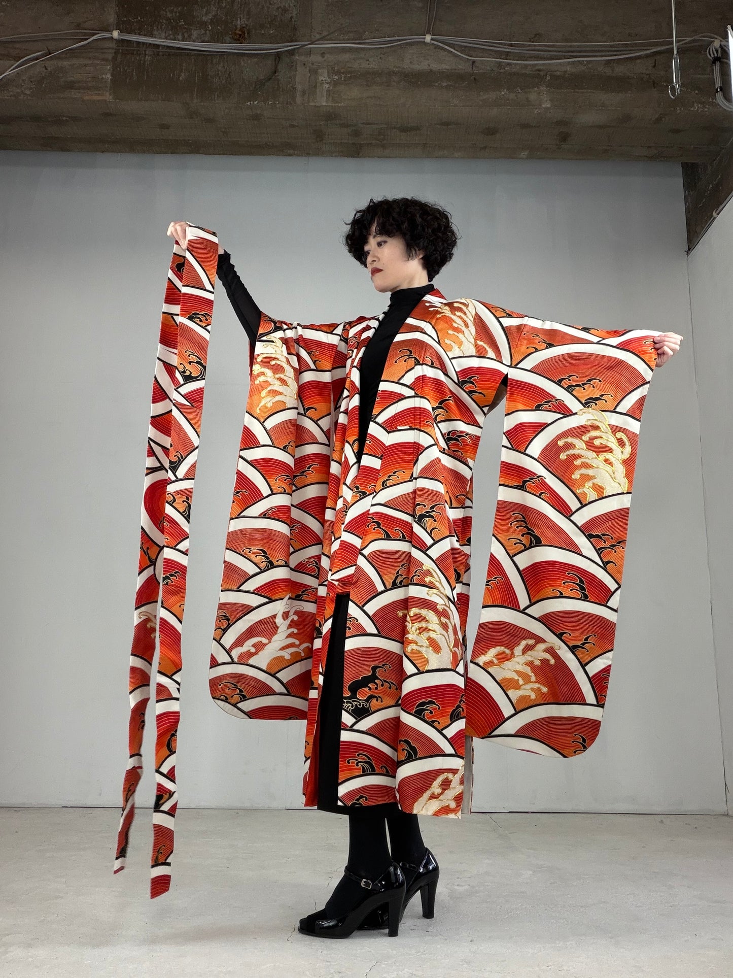 Furisode Kimono Dress Gown with String Belt – Upcycled from Vintage Japanese Kimono "DRE017