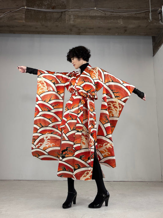 Furisode Kimono Dress Gown with String Belt – Upcycled from Vintage Japanese Kimono "DRE017