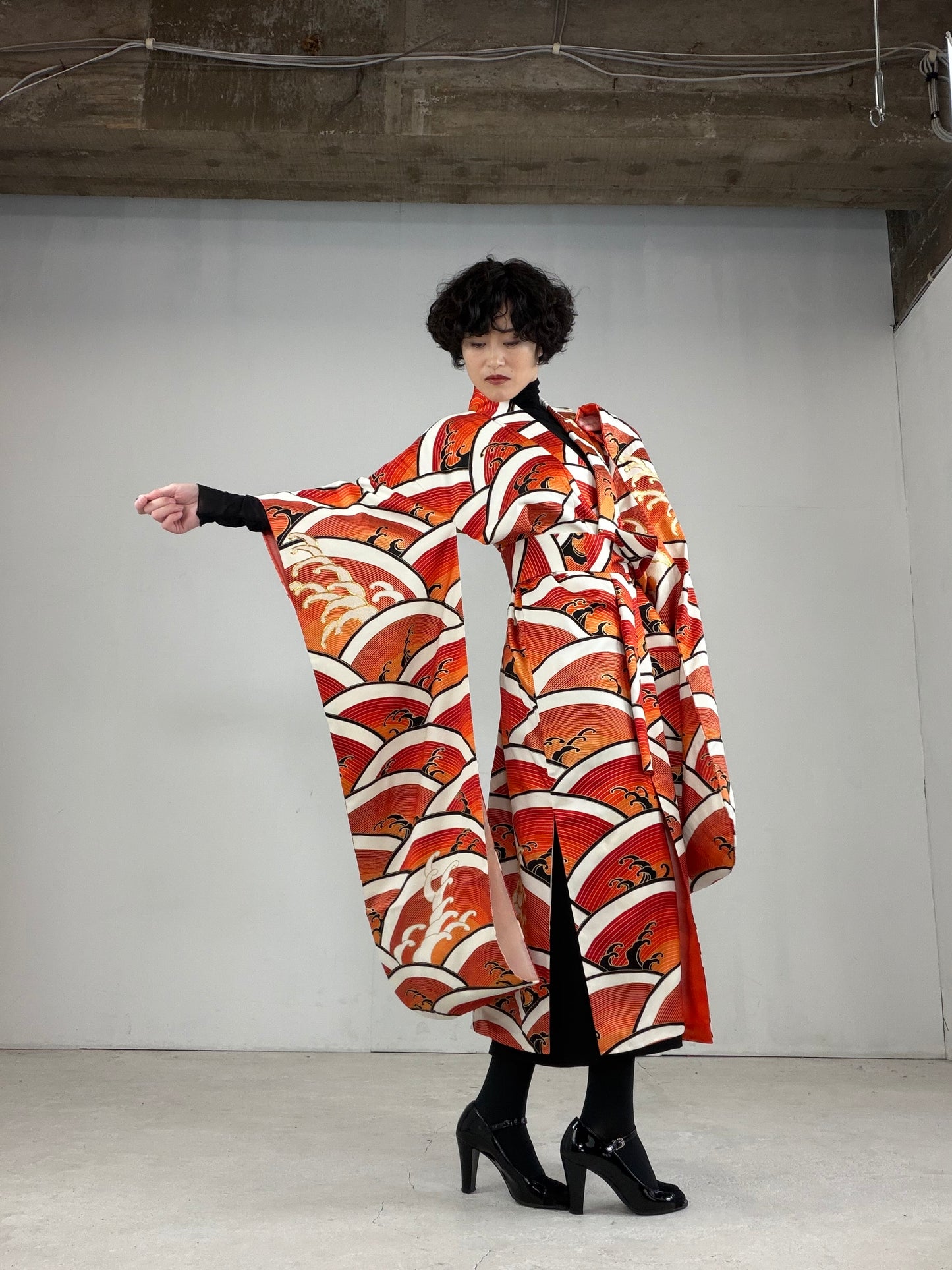 Furisode Kimono Dress Gown with String Belt – Upcycled from Vintage Japanese Kimono "DRE017