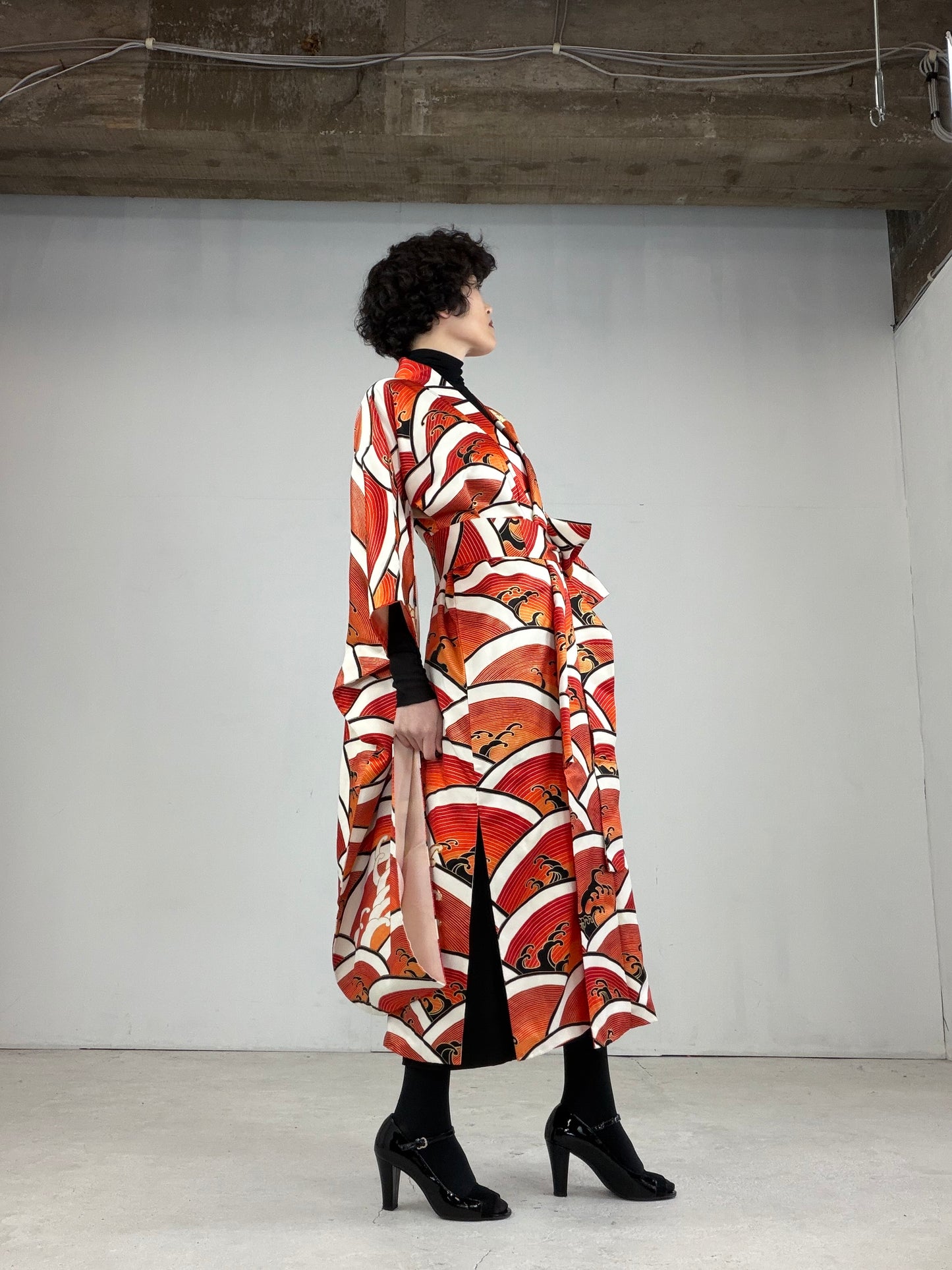 Furisode Kimono Dress Gown with String Belt – Upcycled from Vintage Japanese Kimono "DRE017