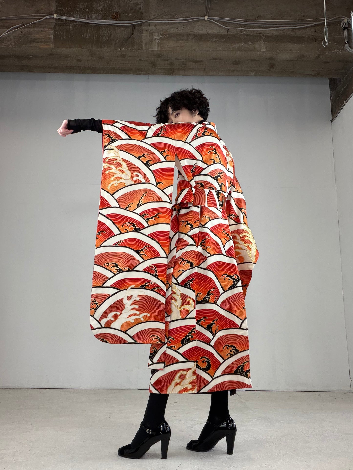 Furisode Kimono Dress Gown with String Belt – Upcycled from Vintage Japanese Kimono "DRE017