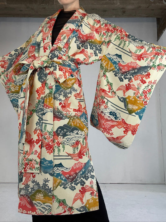 Kimono dress gown and string belt upcycled from Japanese kimono "okinawa, bingata" Big Ribbon