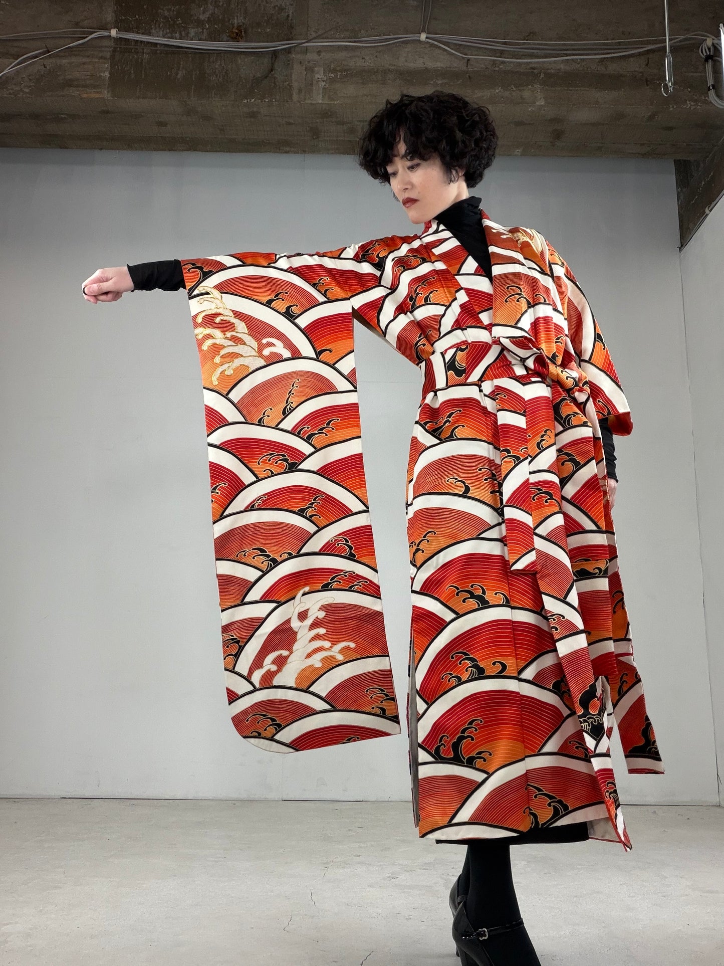 Furisode Kimono Dress Gown with String Belt – Upcycled from Vintage Japanese Kimono "DRE017