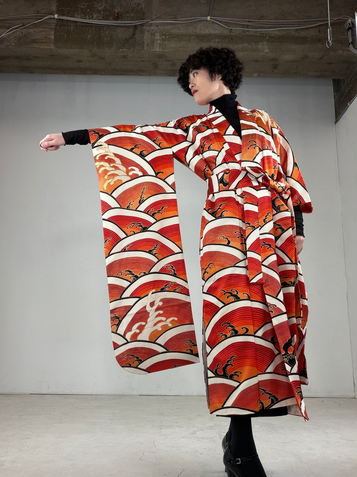 Furisode Kimono Dress Gown with String Belt – Upcycled from Vintage Japanese Kimono "DRE017