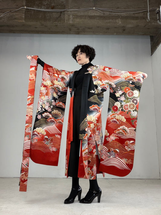 Furisode Kimono Dress Gown with String Belt – Upcycled from Vintage Japanese Kimono "DRE018