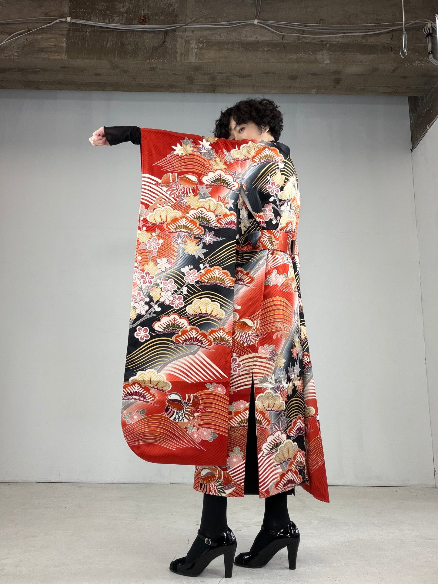 Furisode Kimono Dress Gown with String Belt – Upcycled from Vintage Japanese Kimono "DRE018