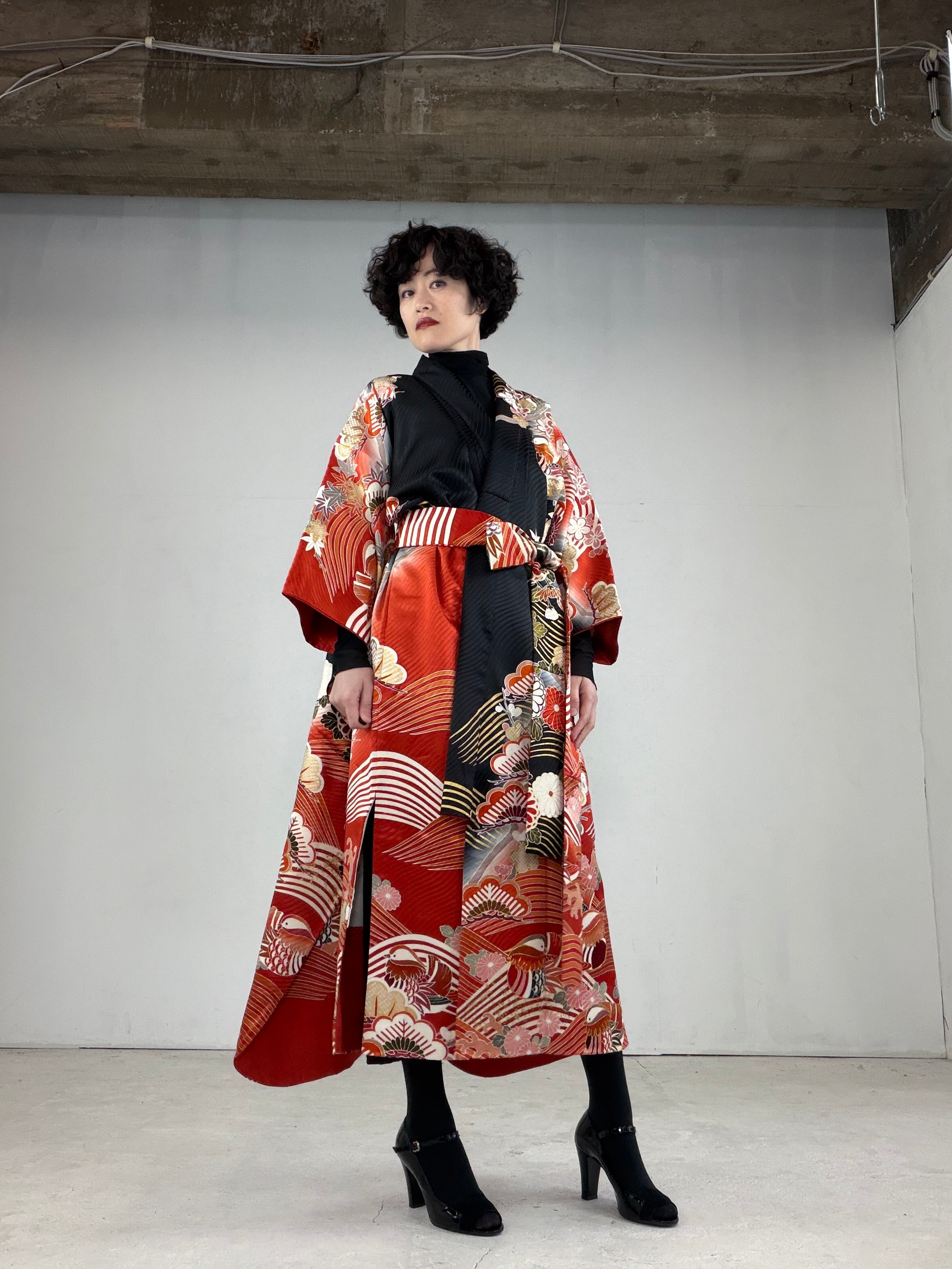 Furisode Kimono Dress Gown with String Belt – Upcycled from