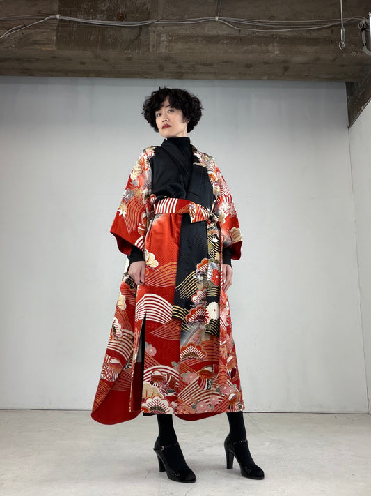 Furisode Kimono Dress Gown with String Belt – Upcycled from Vintage Japanese Kimono "DRE018