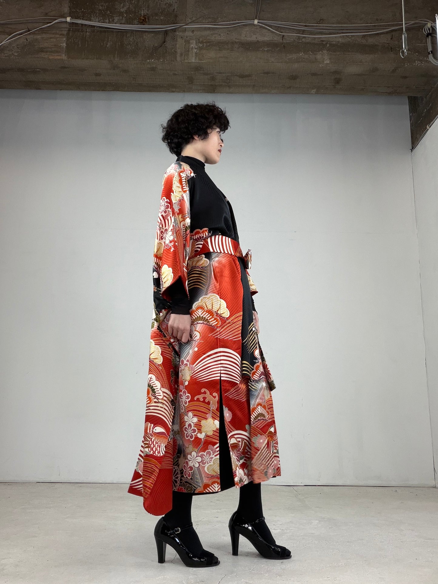 Furisode Kimono Dress Gown with String Belt – Upcycled from Vintage Japanese Kimono "DRE018