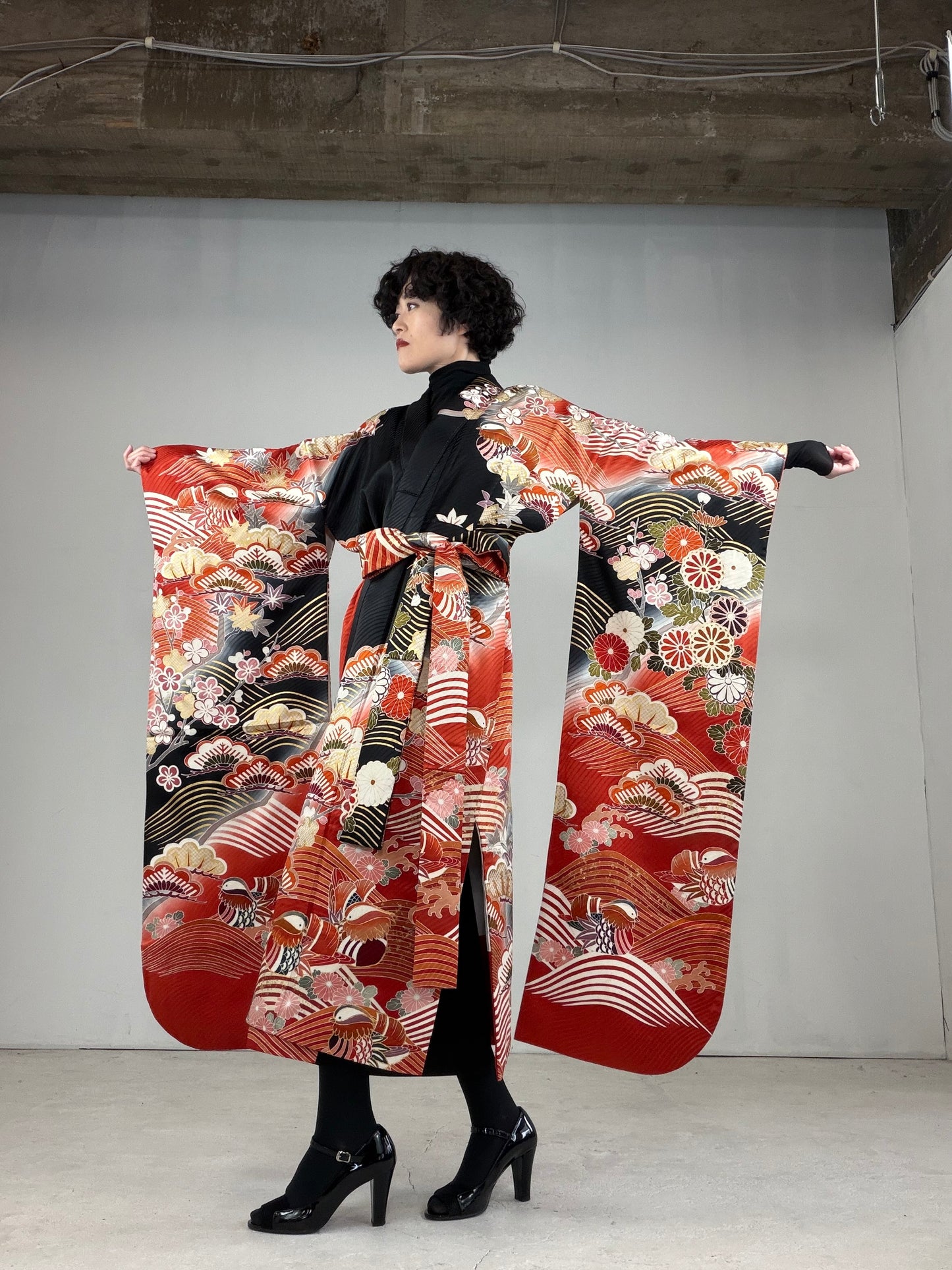 Furisode Kimono Dress Gown with String Belt – Upcycled from Vintage Japanese Kimono "DRE018