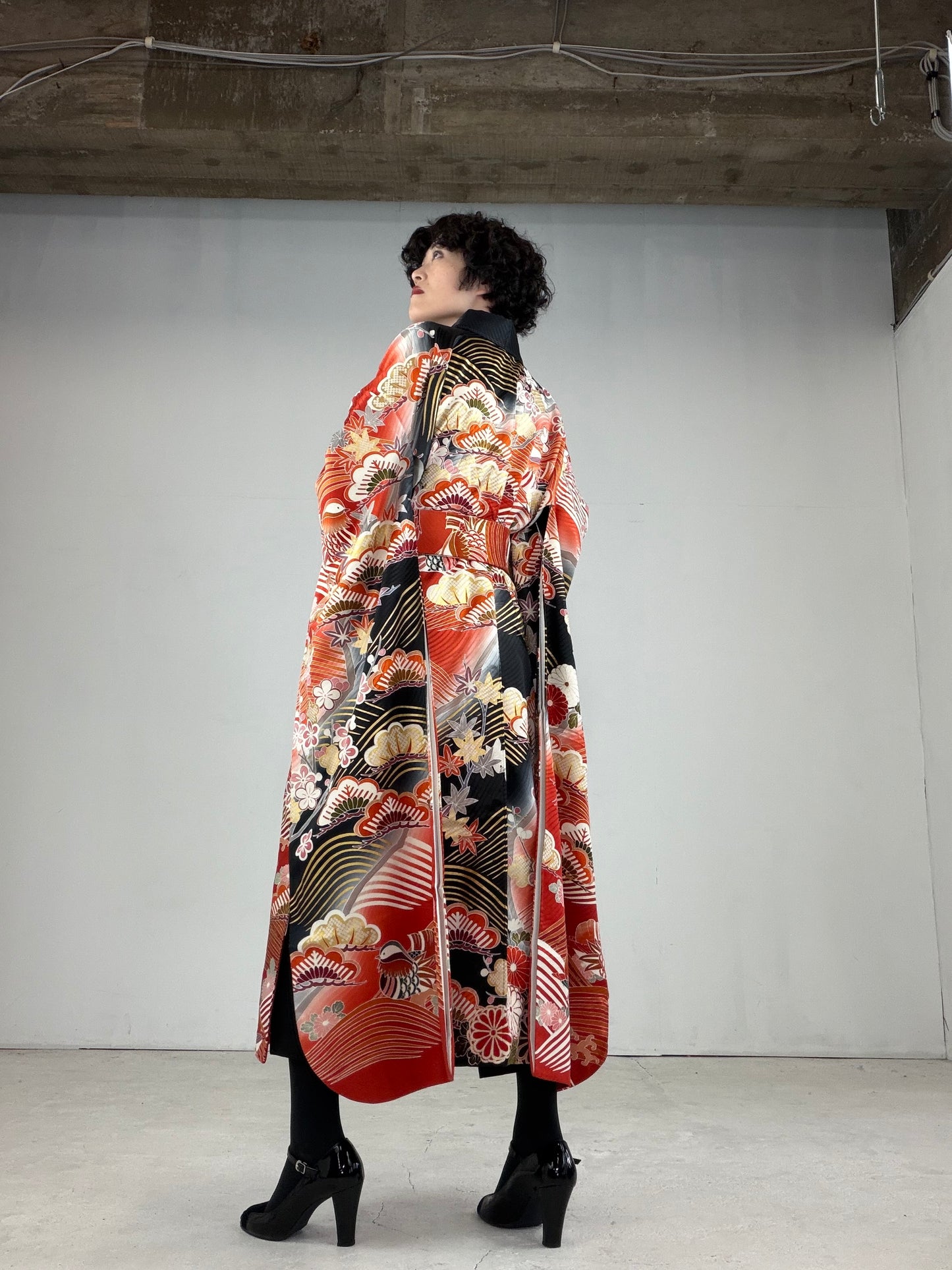 Furisode Kimono Dress Gown with String Belt – Upcycled from Vintage Japanese Kimono "DRE018