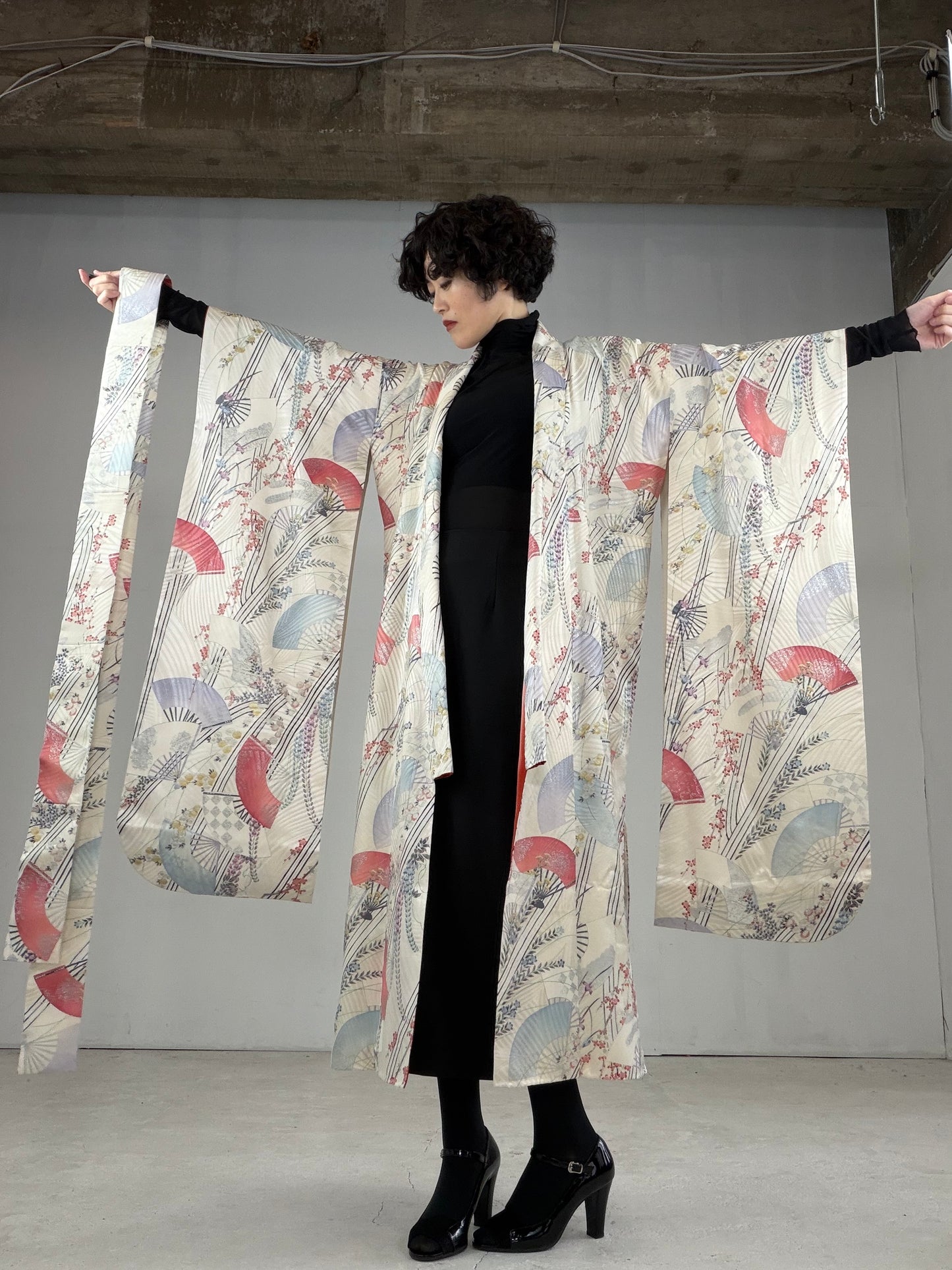 Furisode Kimono Dress Gown with String Belt – Upcycled from Vintage Japanese Kimono "DRE015