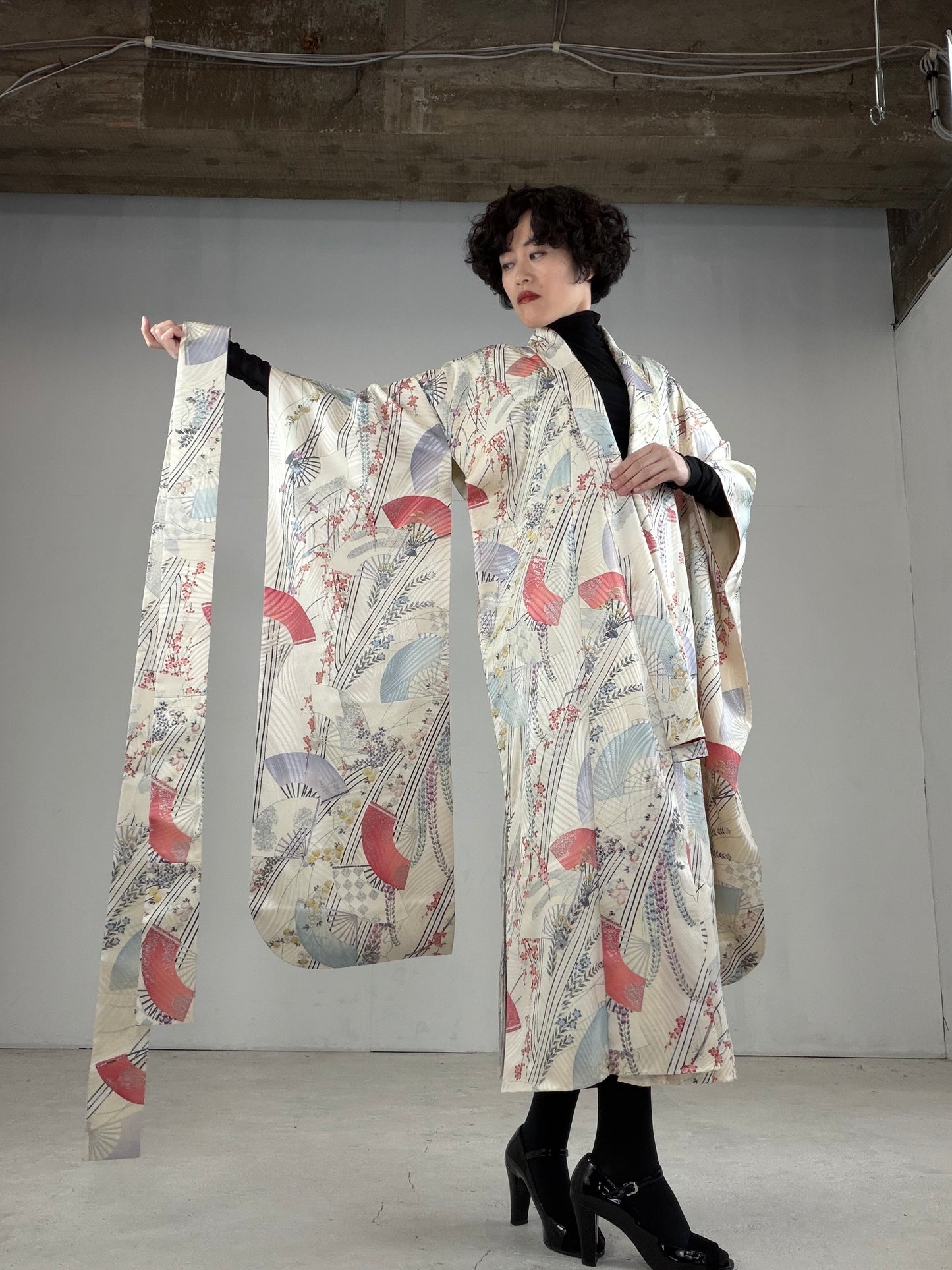 Furisode Kimono Dress Gown with String Belt – Upcycled from Vintage Japanese Kimono "DRE015