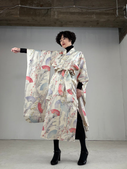 Furisode Kimono Dress Gown with String Belt – Upcycled from Vintage Japanese Kimono "DRE015