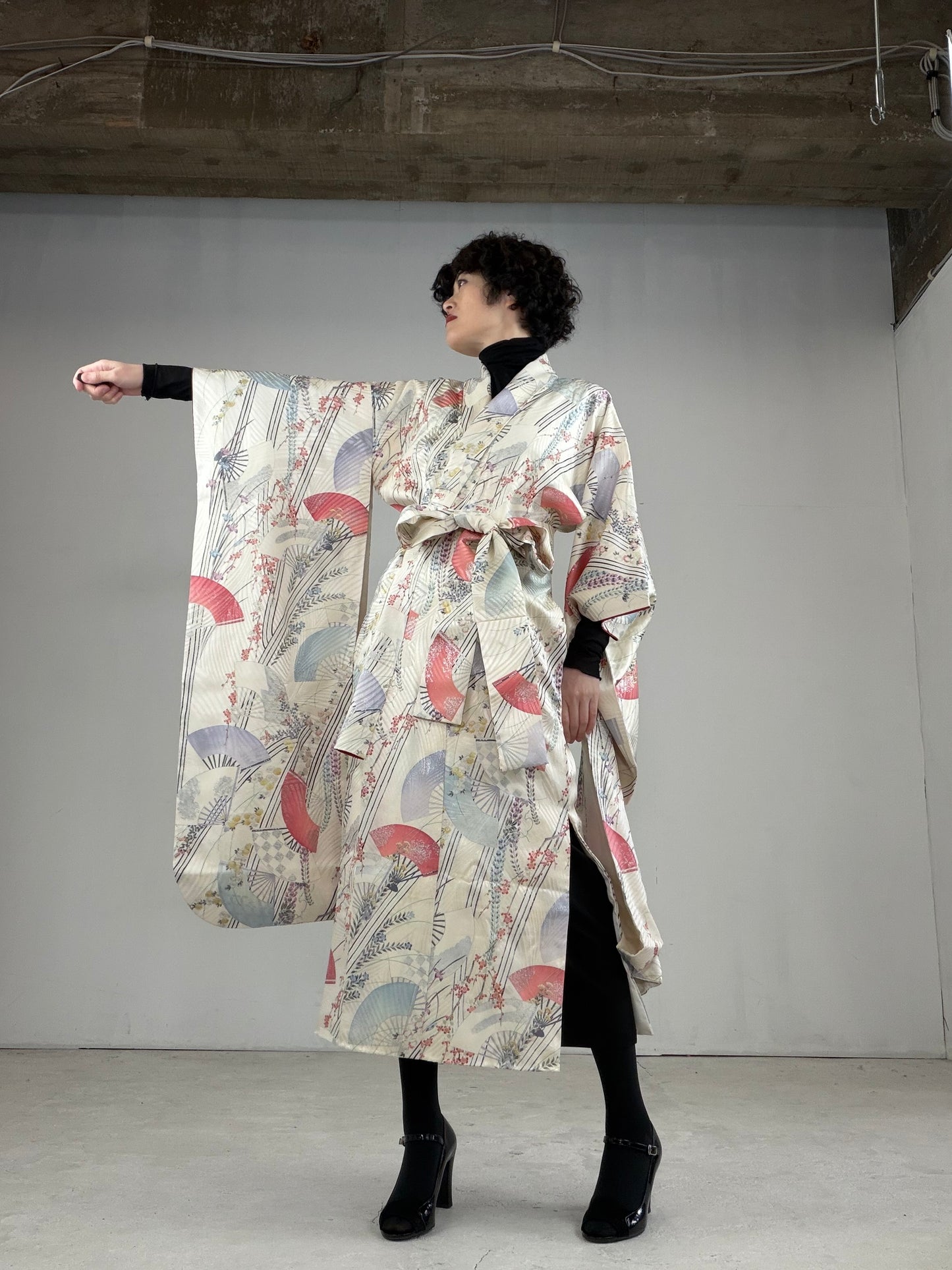 Furisode Kimono Dress Gown with String Belt – Upcycled from Vintage Japanese Kimono "DRE015
