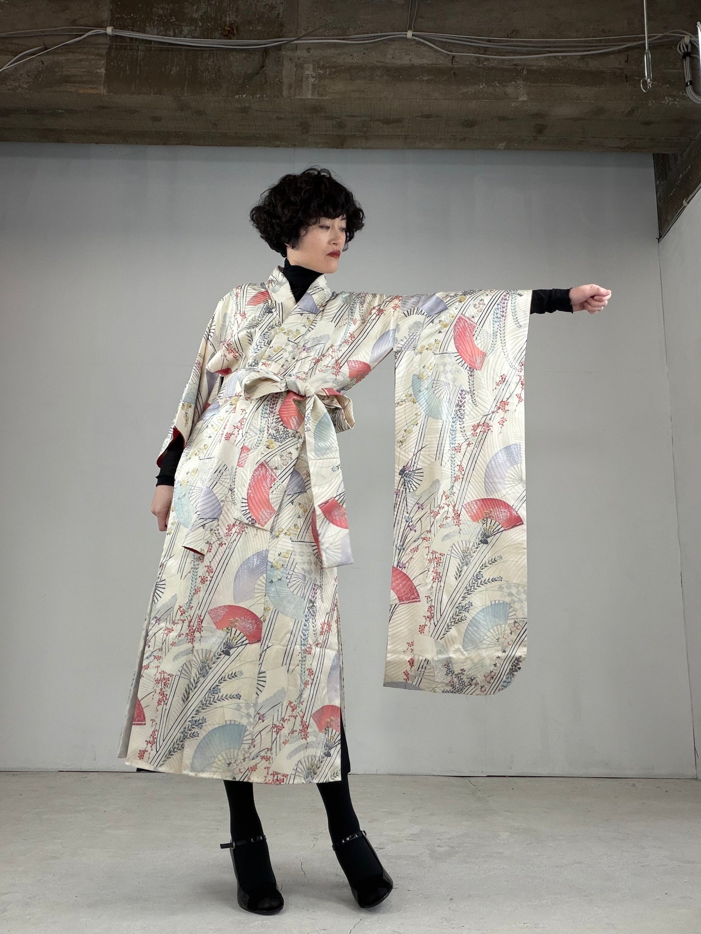 Furisode Kimono Dress Gown with String Belt – Upcycled from Vintage Japanese Kimono "DRE015
