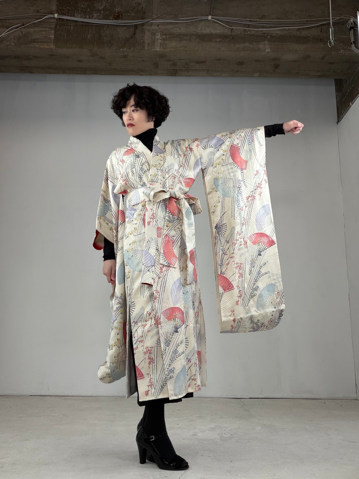 Furisode Kimono Dress Gown with String Belt – Upcycled from Vintage Japanese Kimono "DRE015