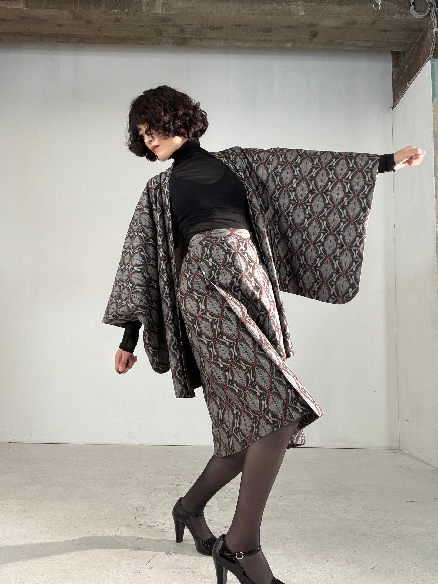 Vintage Tsumugi Haori & Kimono Skirt Set "AIC002" — Upcycled from Japanese Kimono