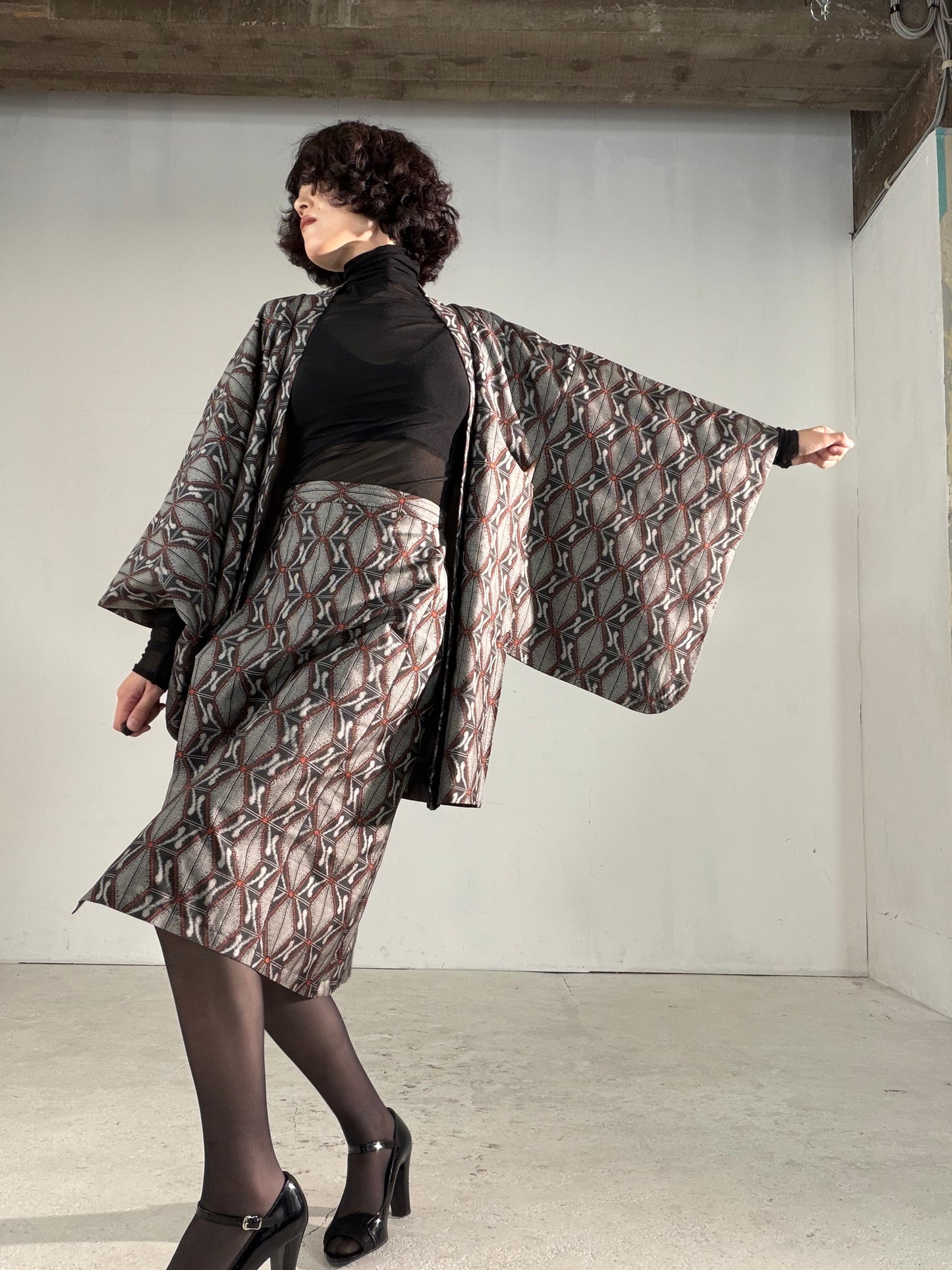 Vintage Tsumugi Haori & Kimono Skirt Set "AIC002" — Upcycled from Japanese Kimono