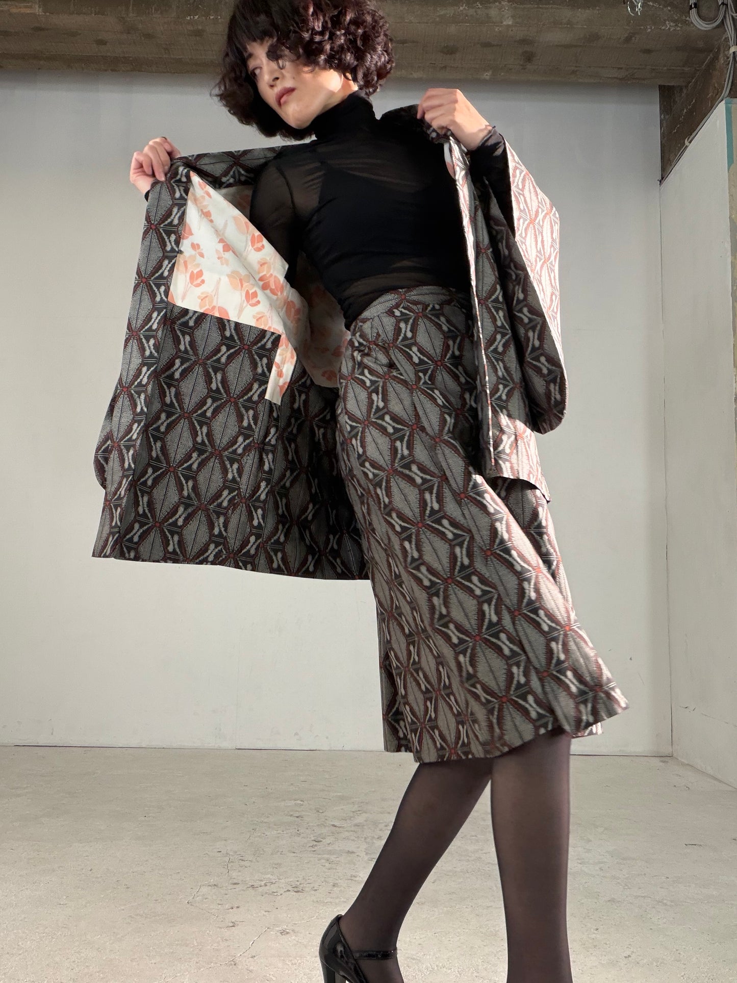 Vintage Tsumugi Haori & Kimono Skirt Set "AIC002" — Upcycled from Japanese Kimono