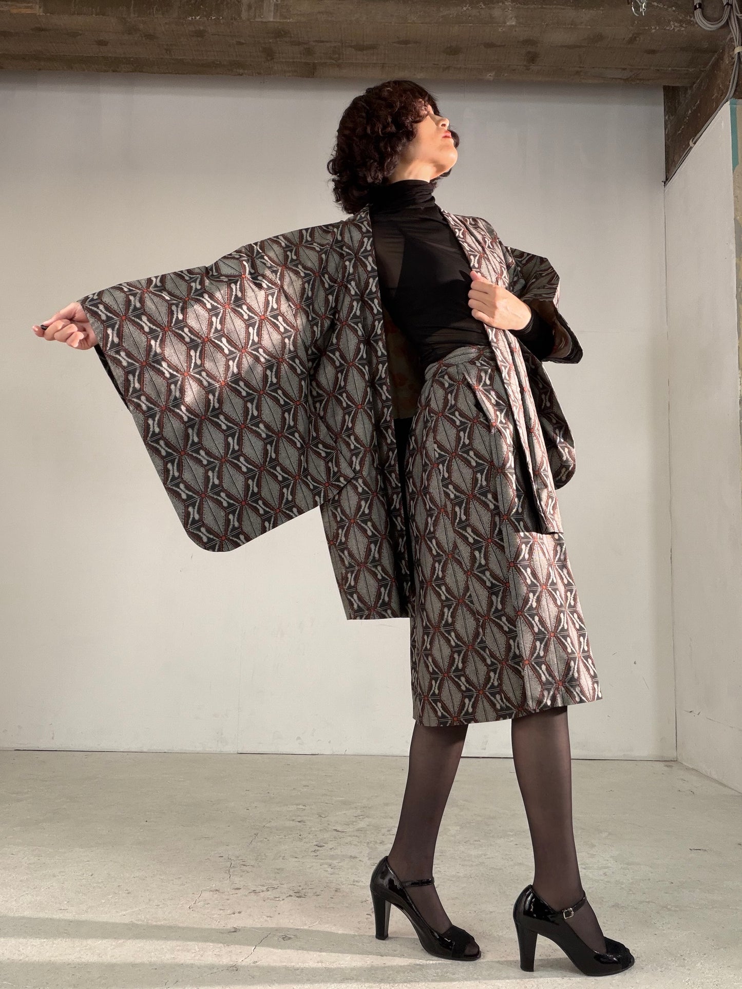 Vintage Tsumugi Haori & Kimono Skirt Set "AIC002" — Upcycled from Japanese Kimono