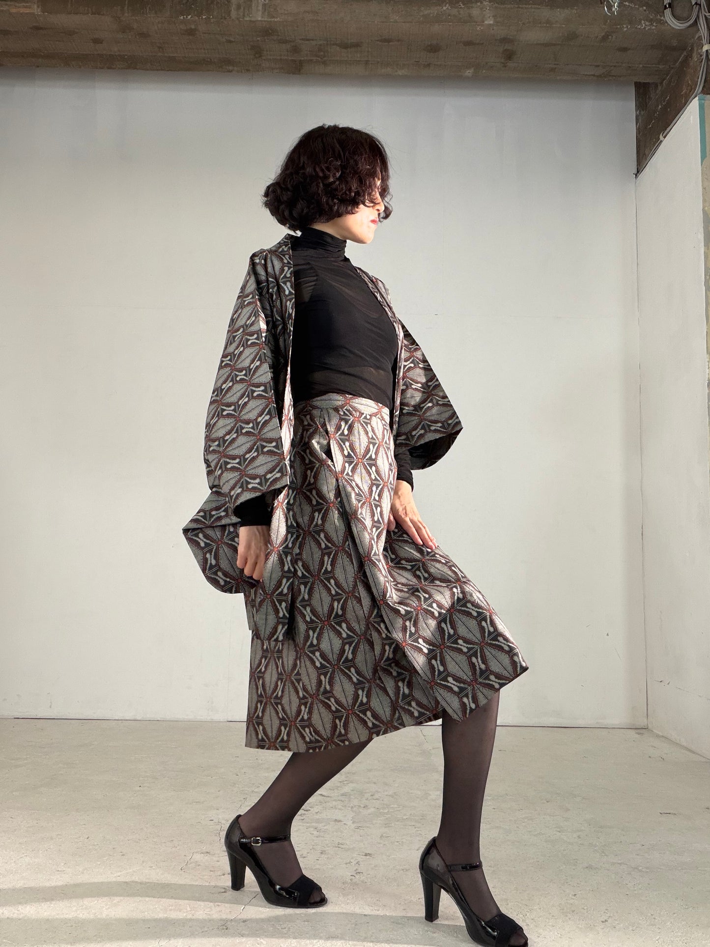 Vintage Tsumugi Haori & Kimono Skirt Set "AIC002" — Upcycled from Japanese Kimono