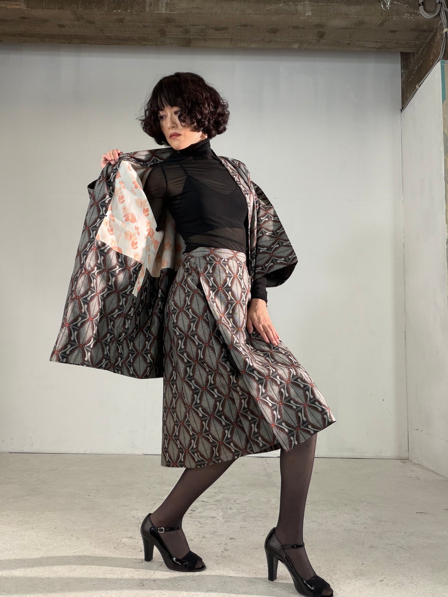 Vintage Tsumugi Haori & Kimono Skirt Set "AIC002" — Upcycled from Japanese Kimono