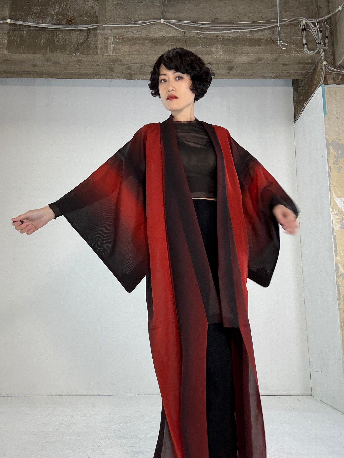 SHEER kimono dress gown and string belt upcycled from Japanese kimono "red, shima" *damage