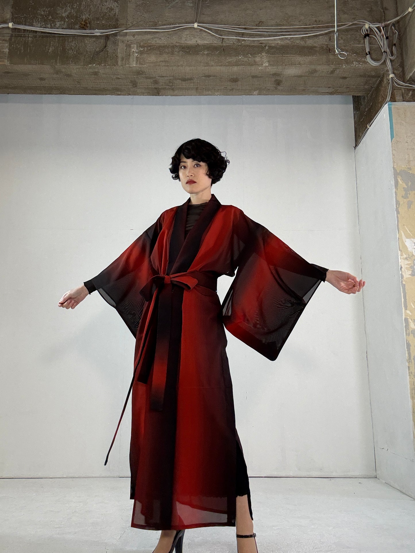 SHEER kimono dress gown and string belt upcycled from Japanese kimono "red, shima" *damage