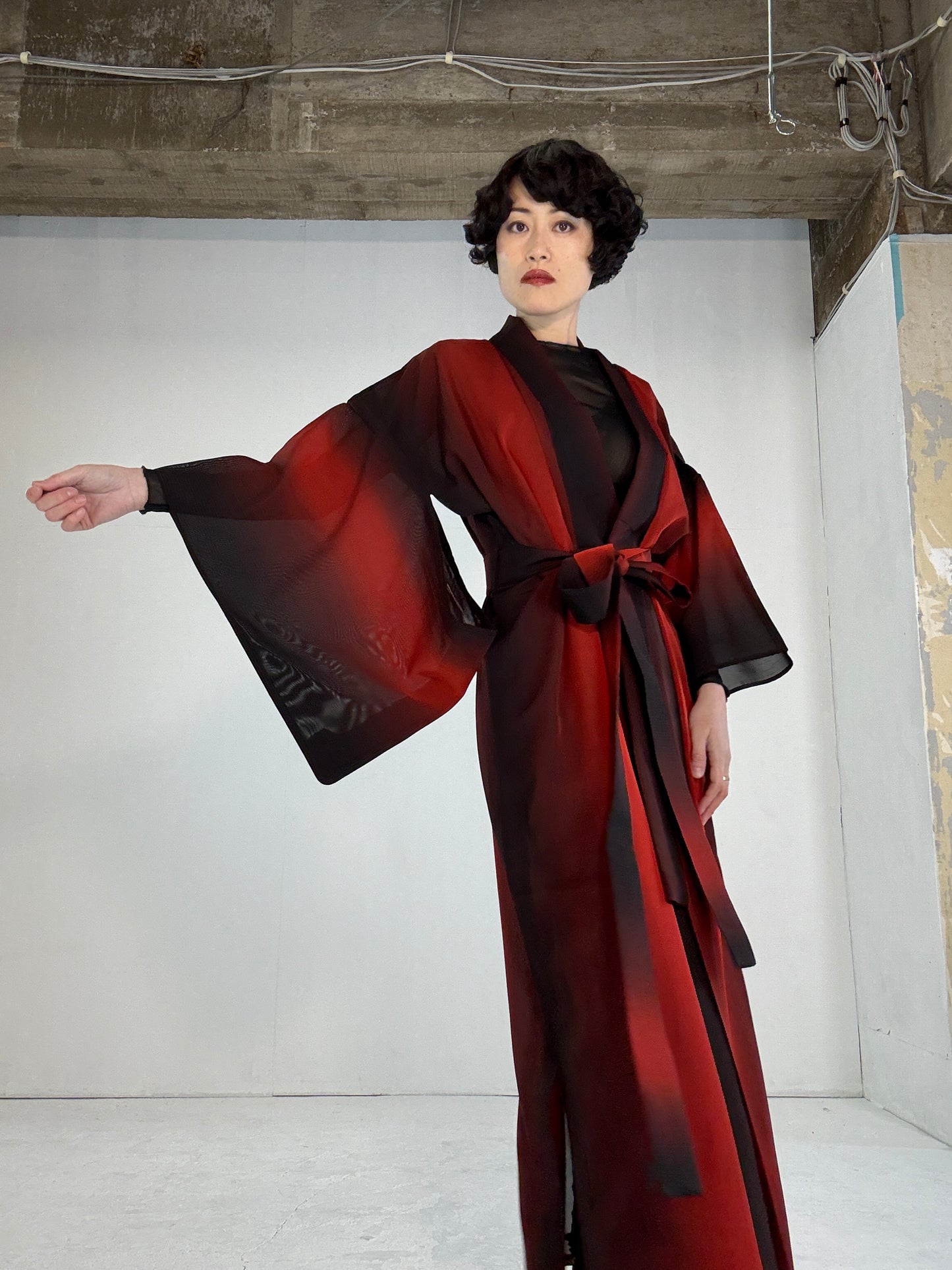 SHEER kimono dress gown and string belt upcycled from Japanese kimono "red, shima" *damage