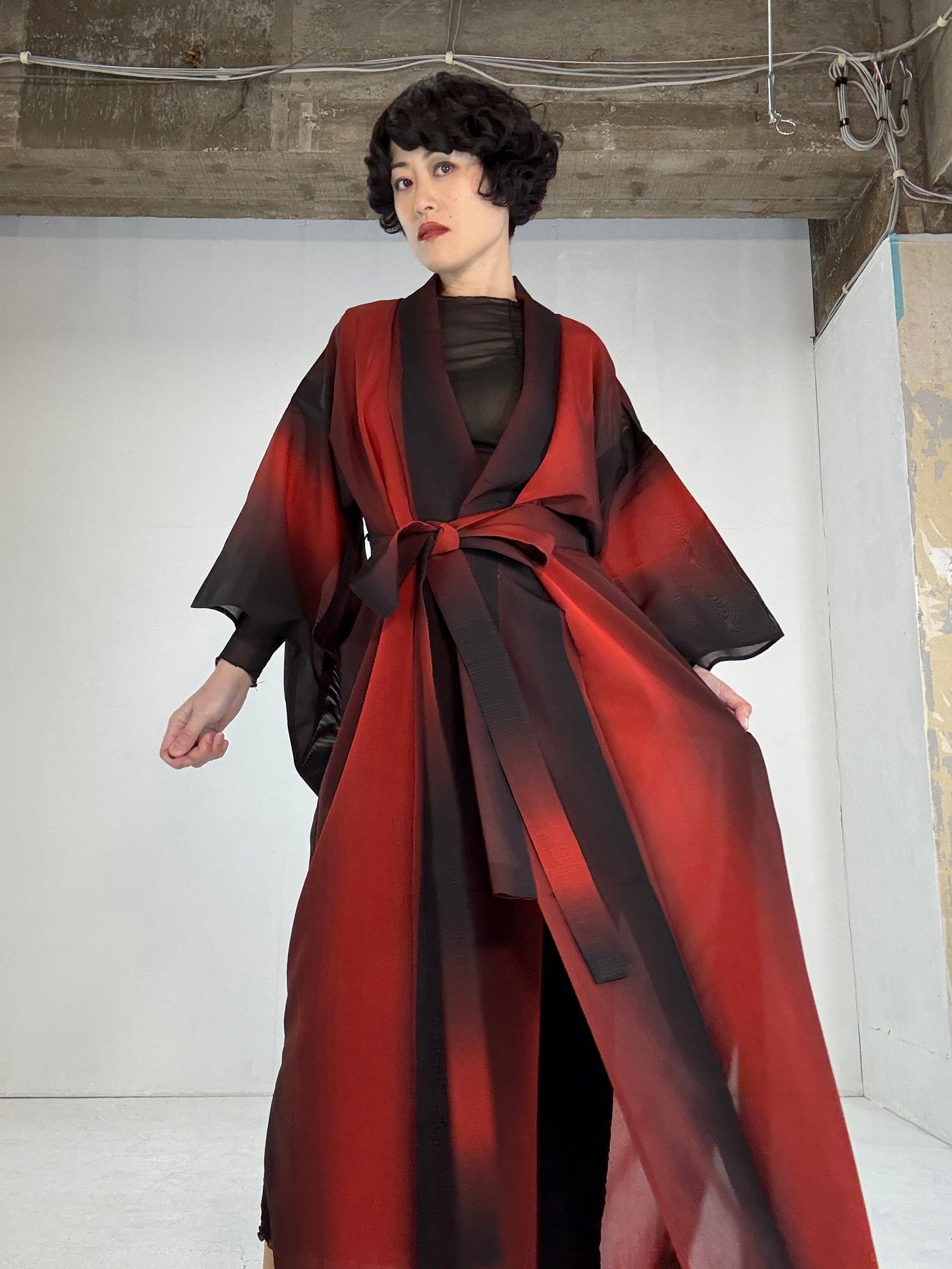 SHEER kimono dress gown and string belt upcycled from Japanese kimono "red, shima" *damage